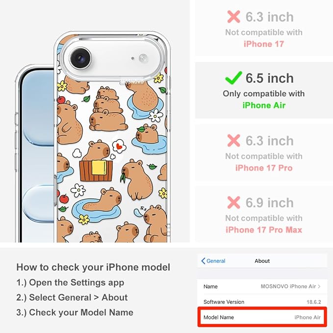 MOSNOVO for iPhone Air Case, Shockproof Military-Grade Protection 6.6ft Drop Tested, Camera Control, Clear Phone Case for iPhone 17 Air, Capybara Land Design