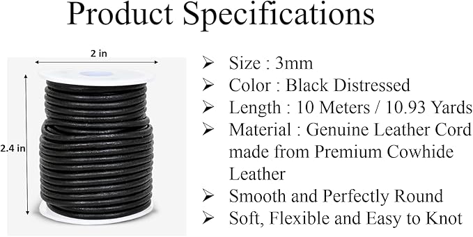 GENIQUE Real/Genuine Round Leather String Cord for Necklace, Bracelets, Jewellery, Braiding (3mm, Black Distressed)