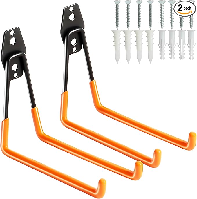 KURUI Heavy Duty Garage Hooks for Hanging, 2 Pack Metal Garage Organization Hooks, Garage Storage Hooks for Ladder Extension Cord Cable, Wall Mount Large Utility Hooks, Garden Tool Organizer/Hanger