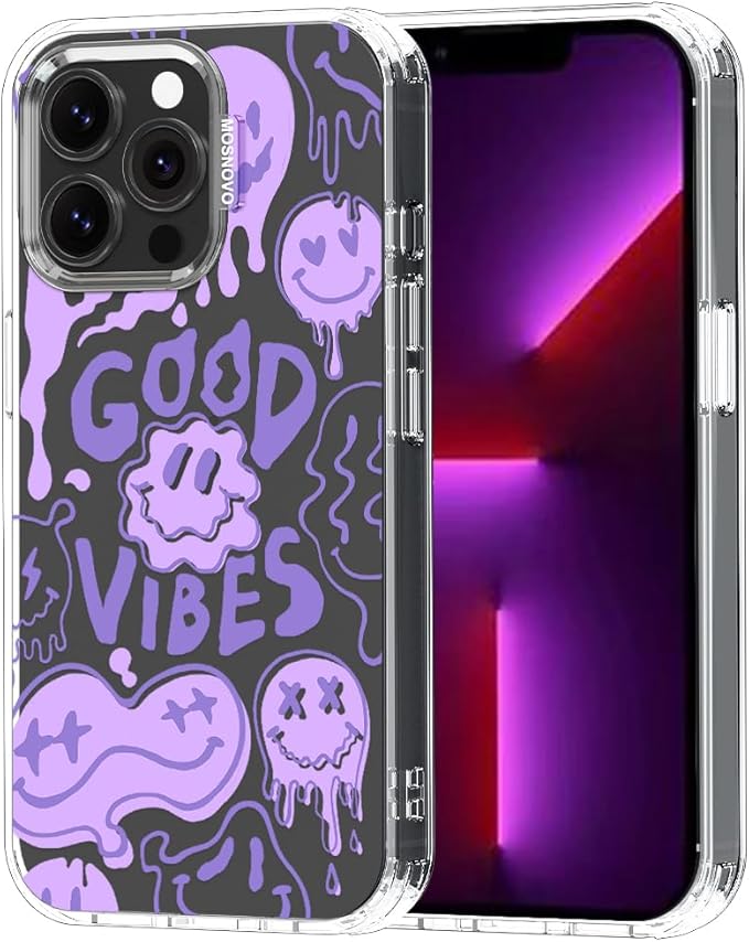 MOSNOVO Case for iPhone 13 Pro, [Buffertech 6.6ft Military-Grade Drop Protection] [Anti Peel Off Tech] Clear TPU Bumper Phone Case Cover Design - Good Vibes