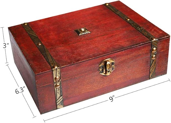 SICOHOME Treasure Chest - 9" x 6.3" x 3" Wooden Pirate Treasure Box with Hinged Lids, Rustic Vintage Decorative Keepsake and Jewelry Box, Trinket Storage Chest Box, Gifts and Home Decoration