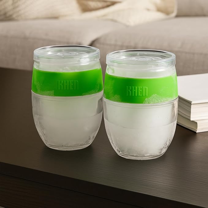 Freezable Wine Tumbler Set with Lids & Green Grip - 2 Set - 13 oz Tumblers Insulated Cooling Gel Glasses – Reusable Double Wall Stemless Cups for Keeping Drinks Cold, Outdoor Entertaining & Gifts