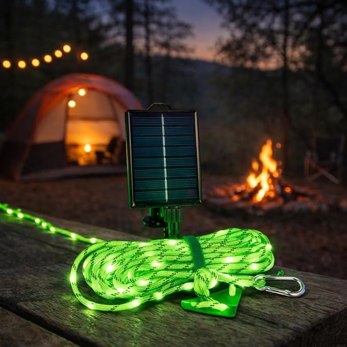 Solar Luminous Paracord Rope, 23ft Solar-Powered Green Glow Rope with Remote, 8 Lighting Modes + Timer, 500 mAh Battery, IP66 Waterproof for Outdoor Camping