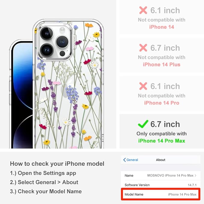 MOSNOVO Case for iPhone 14 Pro Max, [Buffertech 6.6ft Military-Grade Drop Protection] [Anti Peel Off Tech] Clear TPU Bumper Phone Case Cover Design - Floral Garden