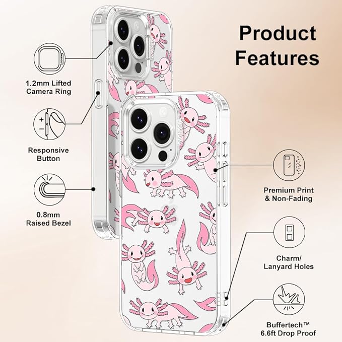MOSNOVO Case for iPhone 14 Pro, [Buffertech 6.6ft Military-Grade Drop Protection] [Anti Peel Off Tech] Clear TPU Bumper Phone Case Cover Design - Pink Axolotl