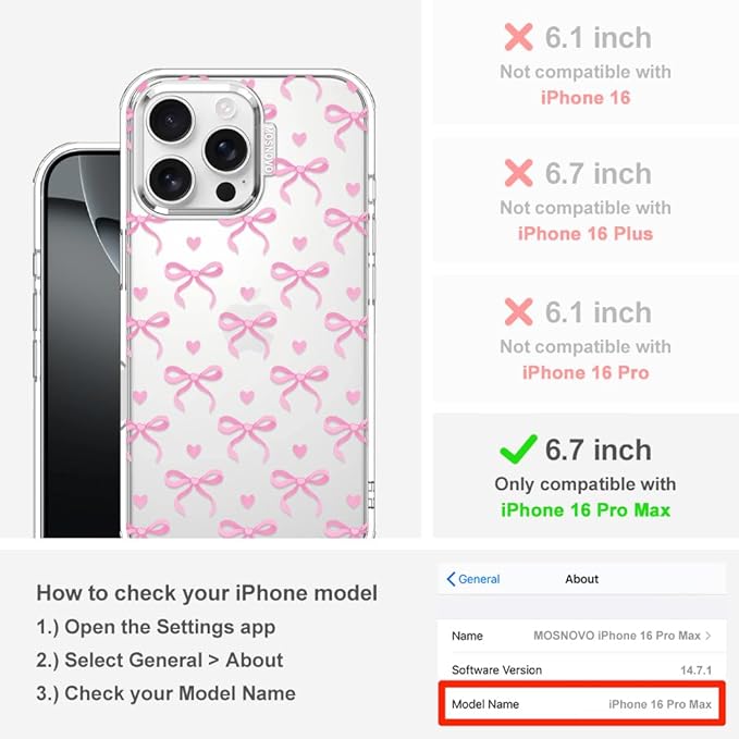 MOSNOVO Case for iPhone 16 Pro Max, [Buffertech 6.6ft Military-Grade Drop Protection] [Anti Peel Off Tech] Clear TPU Bumper Phone Case Cover Design - Bowtiful Love