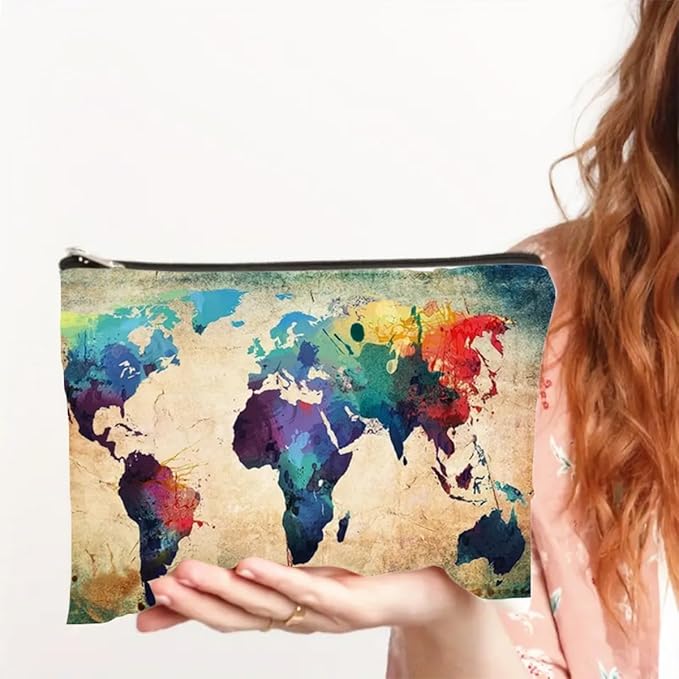 Trendy World Map Canvas Pouch - Spacious Zippered Cosmetic Bag for Travel, Makeup & More - Durable, Multifunctional Coin Purse (F0189)