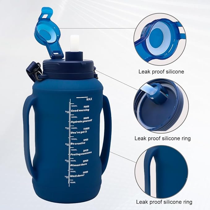 64oz Foldable Water Kettle - Straw & Motivational Time Marker, Half Gallon Silicone Reusable Bottle for Airport Travel, Outdoor Adventures & Home/Office (Blue)