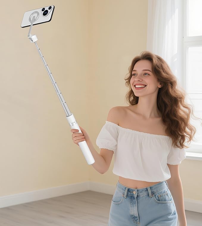 TONEOF 68" Magnetic Selfie Stick Tripod with Aluminum Strong Magnetic Holder for Magsafe, 360° Rotatable Travel Phone Tripod Stand with Metal Ring & Rechargeable Remote for iPhone/Android（White）