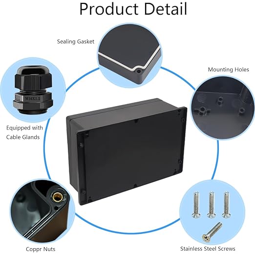 Junction Box IP65 Waterproof ABS Plastic Electrical Project Case Power Junction Boxes, Project Box with Fixed Ear Black 10.35x7.17x3.74 inch (263 x 182 x95 mm)