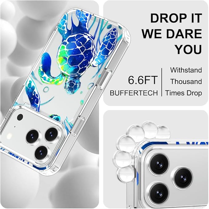 MOSNOVO for iPhone 17 Pro Case | Military Grade 6.6ft Drop Tested | Camera Control | Clear with Sea Turtles Design