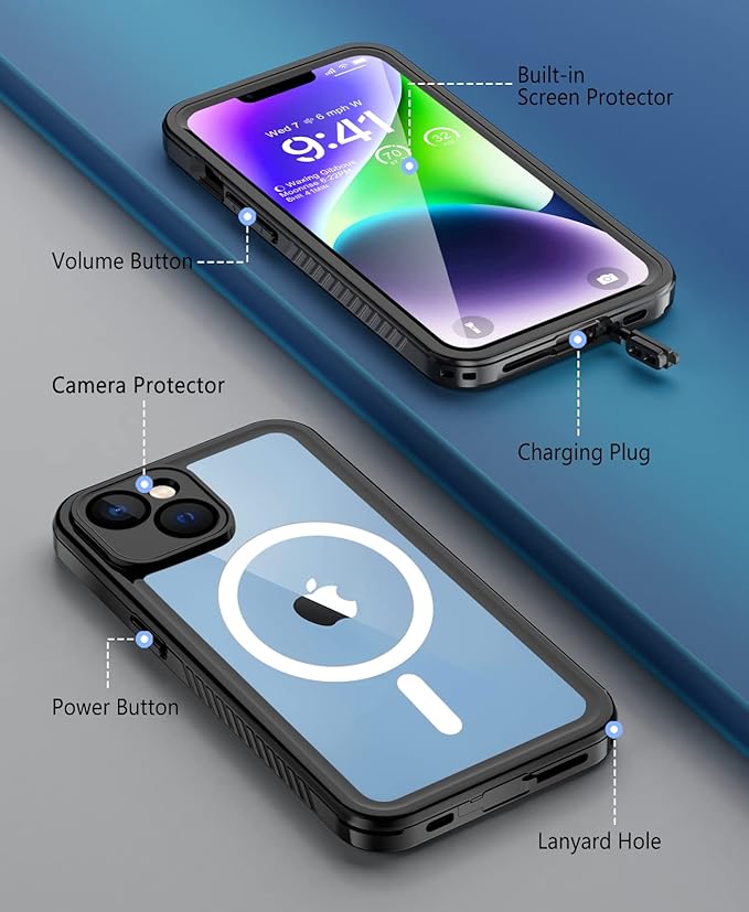 Beeasy for iPhone 14 Waterproof Case Compatible with Magsafe IP68 Underwater Military Grade, Phone Case with Shockproof, Dustproof, Rugged 360 Full Body Protection Cover with Built-in Screen Protector
