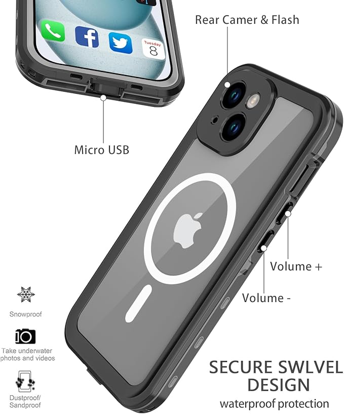 for iPhone 15 Case Waterproof | Shockproof Dust Proof Phone Case Cover with Screen Protector - Clear