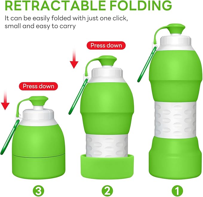 Collapsible Lightweight 20oz Water Bottle, Food-Grade Silicone BPA Free, Foldable Portable Leak Proof Office Travel Cycling Sports Outdoor Water Bottle with Vertical Hook (green, long nozzle)