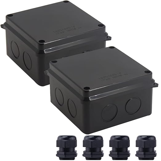 Junction Box, 2 Pcs Reserved Holes Electrical Boxes Waterproof IP65 ABS Plastic Electrical Power Cord Enclosure Project Box Black 3.9 x 3.9 x 2.8 inch(100x100x70mm)