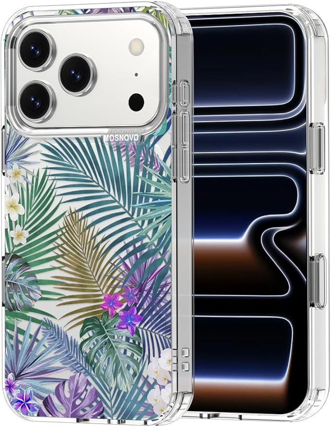 MOSNOVO for iPhone 17 Pro Case | Military Grade 6.6ft Drop Tested | Camera Control | Clear with Tropical Rainforests Design