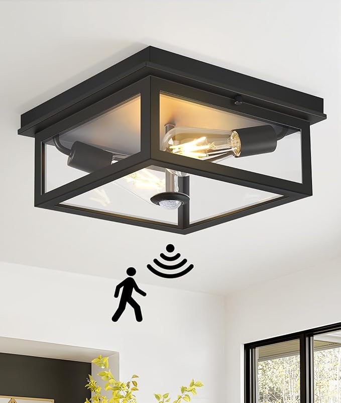 Motion Sensor Outdoor Ceiling Light with Remote, 12.2 Inch Black Flush Mount Porch Light Fixture with United Glass Cover, 5 Modes Outside Flush Mount Light for Porch, Garage, Patio, Entryway