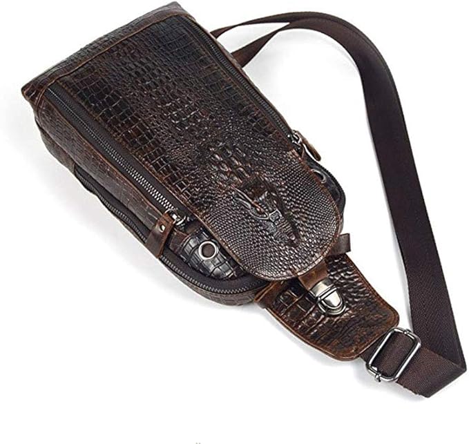 Hebetag Crocodile Genuine Leather Sling Chest Bag for Men Travel Outdoor Hunting Hiking Camping Crossbody Shoulder Pack Pouch Backpack Daypack Coffee