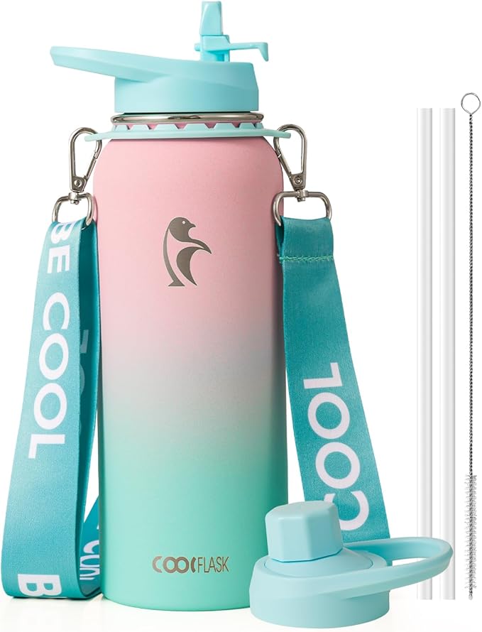Coolflask Water Bottle with Straw, 40 oz Insulated Metal Water Flask with Straw & Spout Lids, Stainless Steel Double Wall Vacuum, Keep Cold 48h Hot 24h, Leak Proof, BPA-Free, Bubblegum Princess