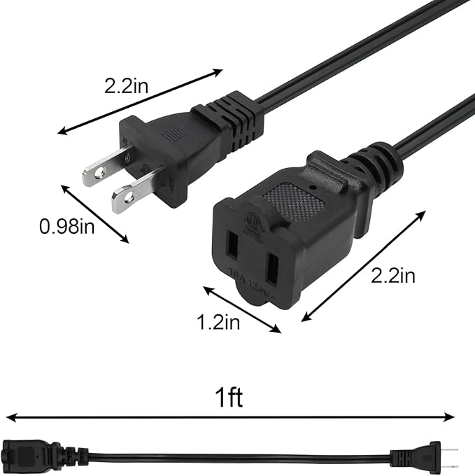 Short Extension Cord 1 FT,US Male/Female Power Cable with 2 Prong NEMA 1-15P to NEMA 1-15R Small Extension Cord Black