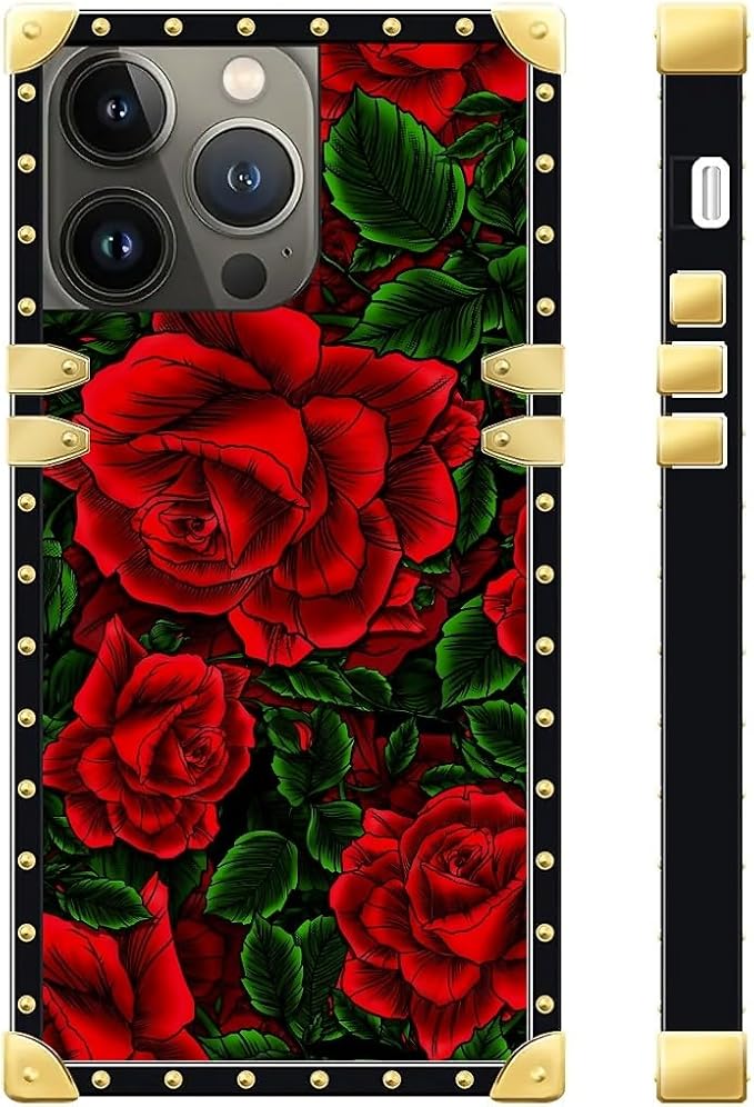 Compatible with iPhone 13 Pro Max Case, Vector Red Rose Green Leaf Luxury Golden Decoration for Girl Women Soft TPU Shockproof Protective Hard PC Back for iPhone 13 Pro Max