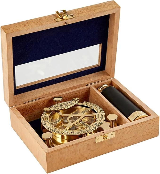 Explorer's Legacy Vintage Brass Compass and Telescope Set - Handheld Navigation Tool in Beachwood and Glass Storage Box