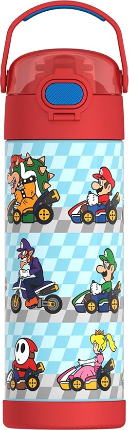 THERMOS FUNTAINER 16 Ounce Stainless Steel Vacuum Insulated Bottle with Wide Spout Lid,Mario,(Pack of 6)