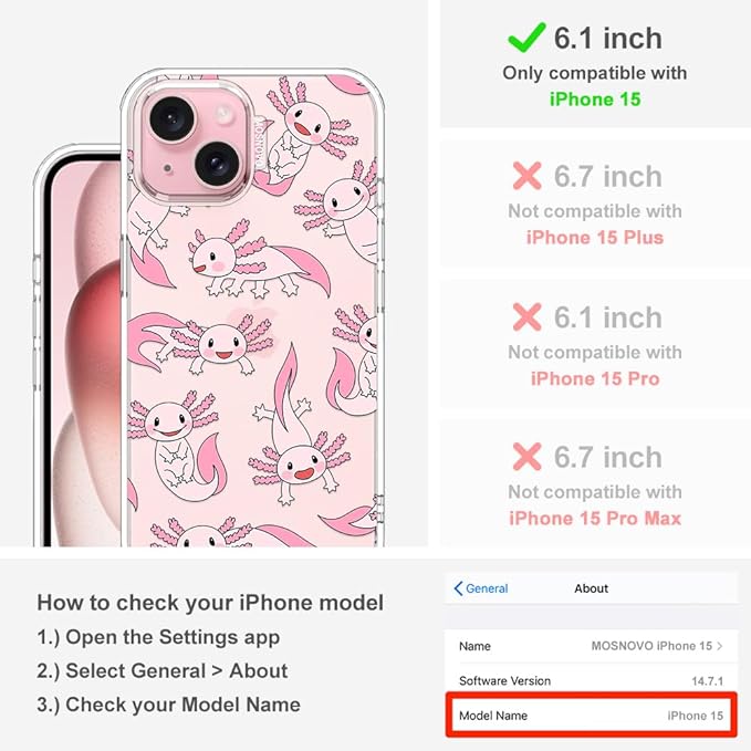 MOSNOVO Case for iPhone 15, [Buffertech 6.6ft Military-Grade Drop Protection] [Anti Peel Off Tech] Clear TPU Bumper Phone Case Cover Design - Pink Axolotl