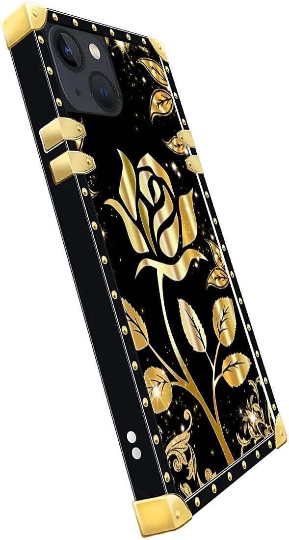 Compatible with iPhone 13 Case, Shine Gold Rose Luxury Golden Decoration for Girl Women Soft TPU Shockproof Protective Hard PC Back for iPhone 13