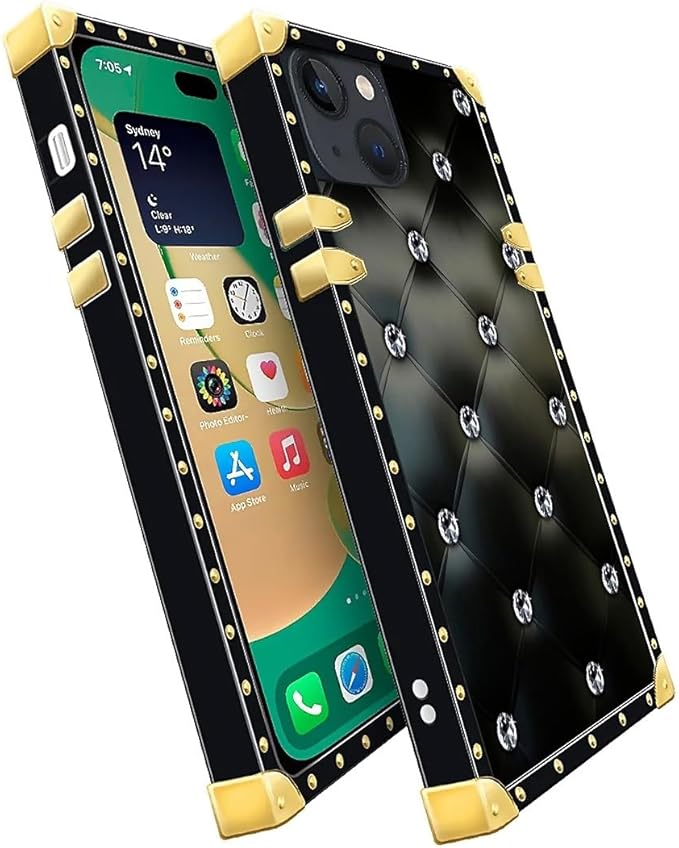 Compatible with iPhone 14 Case, Shiny Black Sofa Crystal Luxury Golden Decoration for Girl Women Soft TPU Shockproof Protective Hard PC Back for iPhone 14