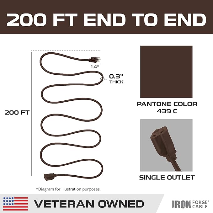 Iron Forge Cable Outdoor Brown Extension Cord 200 ft - 16 Gauge 10 Amp Heavy Duty Brown Outdoor Extension Cords 3 Prong - 16/3 SJTW Great for Outdoor