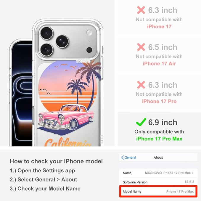 MOSNOVO for iPhone 17 Pro Max Case, Shockproof Military-Grade Protection 6.6ft Drop Tested, Camera Control, Clear Phone Case for iPhone 17 Pro Max, Cali Cruise Design