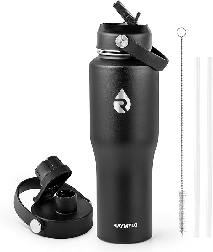 RAYMYLO 32 oz Insulated Water Bottle with Straw fit in Car Cup Holder, Triple Wall Vacuum Stainless Steel(Cold 48 hrs, Hot 24 hrs), Leakproof & Non-BPA, Hydro Travel Flask with Straw and Spout Lid