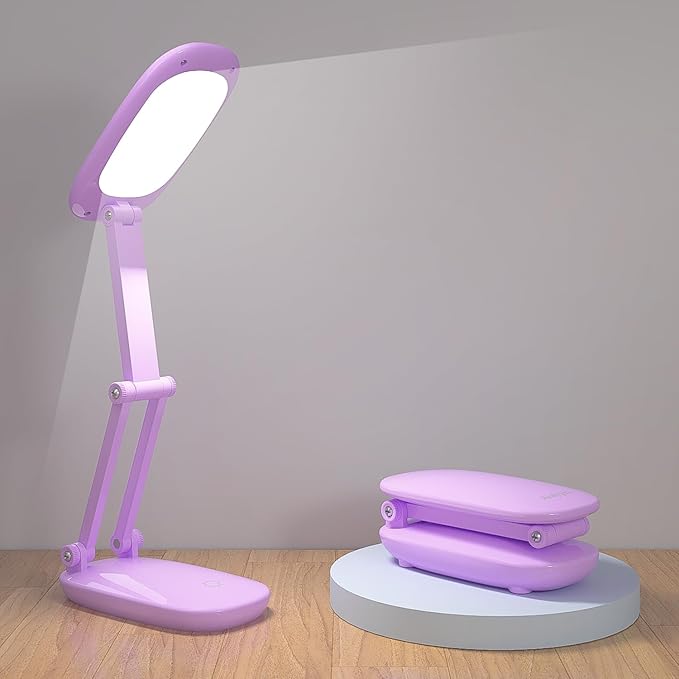 Akejrym LED Desk Lamp for Office Home & Battery Operated Lamp Rechargeable Lamp Foldable & Portable Light, [2-Fold Bracket] 3 Brightness Dimmable Small Desk Lamp Wireless Reading Lamp (Purple)