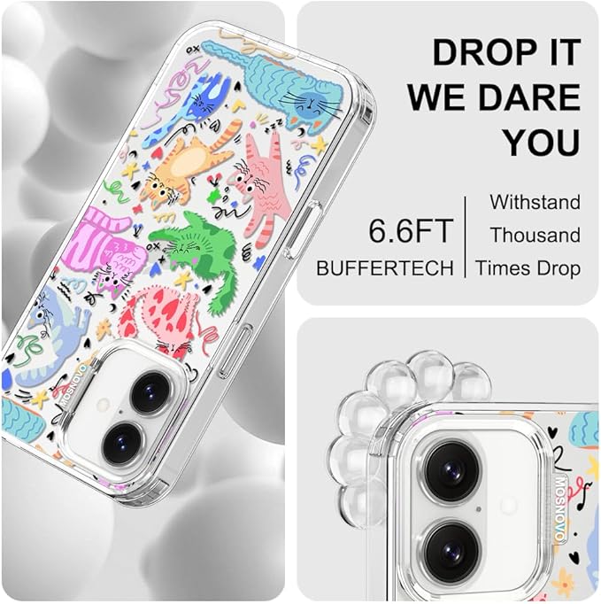 MOSNOVO for iPhone 17 Case, Shockproof Military-Grade Protection 6.6ft Drop Tested, Camera Control, Clear Phone Case for iPhone 17, Doodle Cats Design