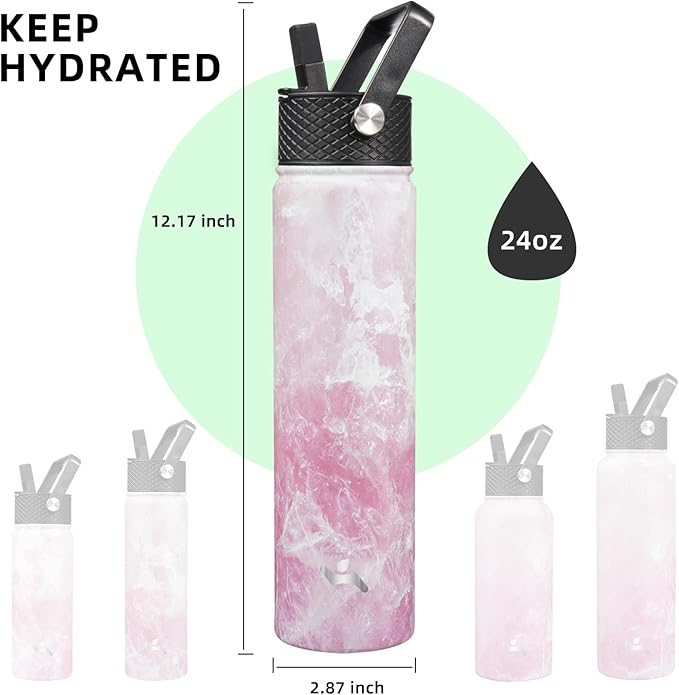 Konokyo Insulated Water Bottle 24oz Stainless Steel Sport Bottles with 3 Lids,Marble Blossom