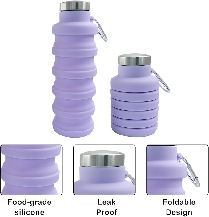2 Pcs Silicone Collapsible Water Bottle, 17oz(500ml) Portable and Lightweight Travel Water Bottle Silicone Foldable Water Bottles(Black+Purple)