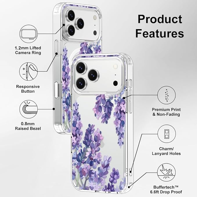 MOSNOVO for iPhone 17 Pro Max Case | Military Grade 6.6ft Drop Tested | Camera Control | Clear with Lavender Design
