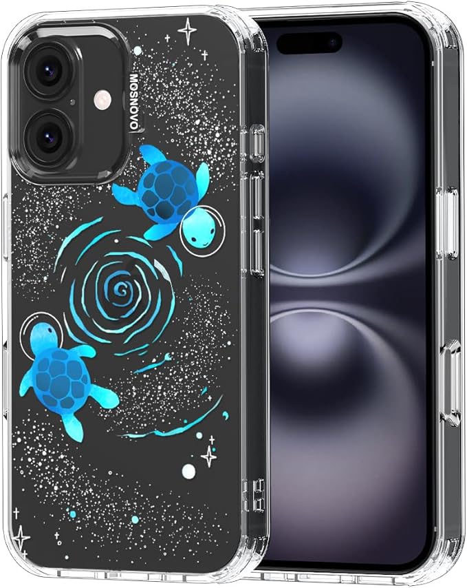 MOSNOVO Case for iPhone 16 Plus, [Buffertech 6.6ft Military-Grade Drop Protection] [Anti Peel Off Tech] Clear TPU Bumper Phone Case Cover Design - Space Turtle