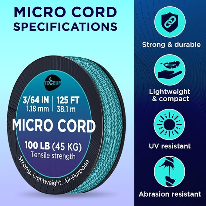 TECEUM Micro Paracord – 1.18 mm X 125 ft – Micro Utility Cord – Thin Braided Paracord Rope – Best for Crafting, DIY Projects, Fishing, Camping – Wind Chime Replacement – Survival Strong String