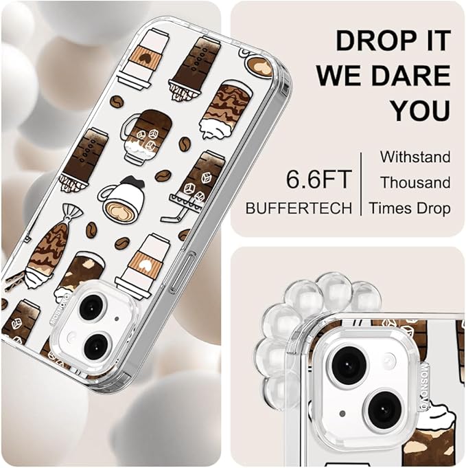 MOSNOVO for iPhone 13/14 Case | Military Grade 6.6ft Drop Tested | Clear with Coffee Design