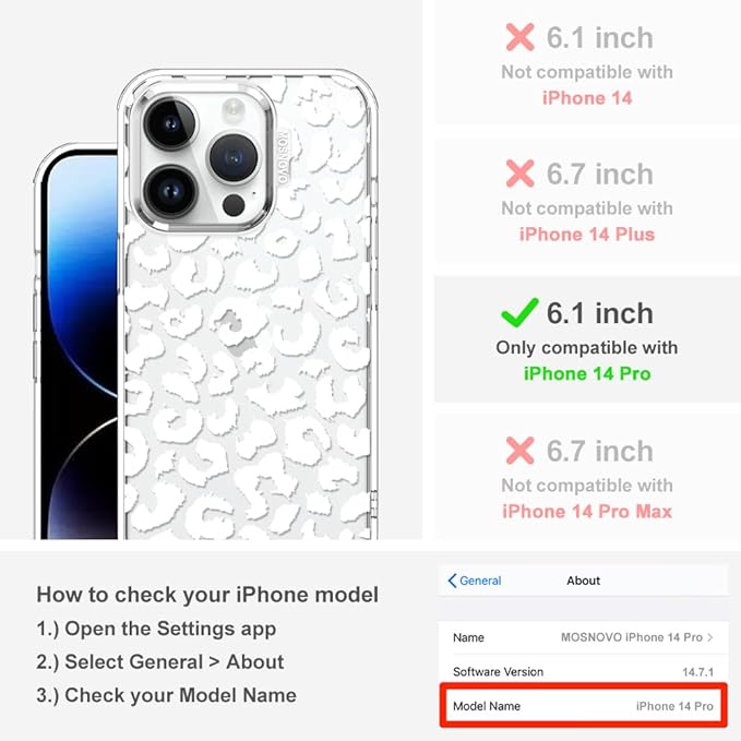 MOSNOVO Case for iPhone 14 Pro, [Buffertech 6.6ft Military-Grade Drop Protection] [Anti Peel Off Tech] Clear TPU Bumper Phone Case Cover Design - White Leopard Print