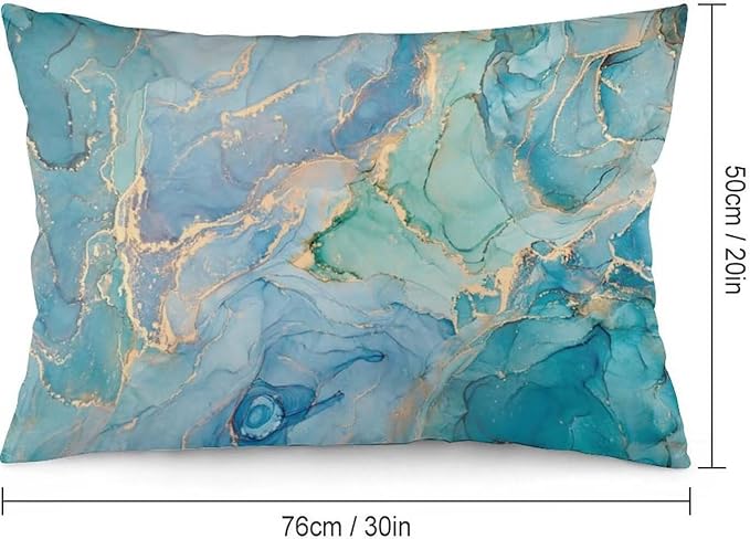 Teal Marble Throw Pillow Covers Set of 2 Queen Size Turquoise Blue Gold Natural Luxury Abstract Fluid Pillow Cushion Cases Standard Pillow Cases Decorative Pillowcase 20X30 Inch for Sofa Bed