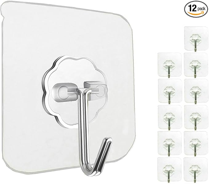 Jwxstore 12 Pack Heavy Duty Self Adhesive Hooks - 33lb Max, Transparent, Waterproof, Sticky Wall Hooks for Keys, Bathroom, Shower, Outdoor, Kitchen, Door, Home Improvement, Utility