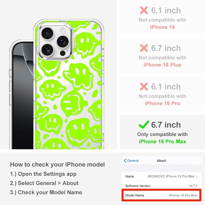 MOSNOVO Case for iPhone 16 Pro Max, [Buffertech 6.6ft Military-Grade Drop Protection] [Anti Peel Off Tech] Clear TPU Bumper Phone Case Cover Design - Distorted Green Smile Face