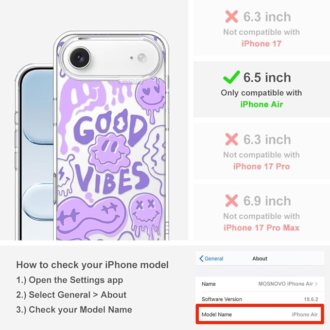MOSNOVO for iPhone Air Case | Military Grade 6.6ft Drop Tested | Camera Control | Clear with Good Vibes Design
