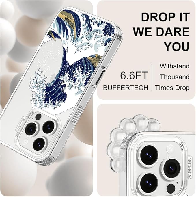 MOSNOVO Case for iPhone 16 Pro, [Buffertech 6.6ft Military-Grade Drop Protection] [Anti Peel Off Tech] Clear TPU Bumper Phone Case Cover Design - Great Wave