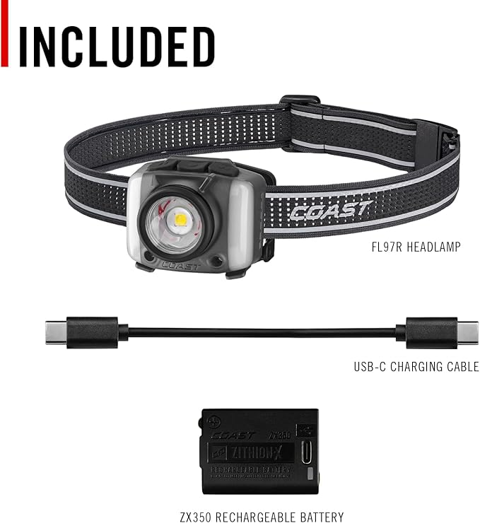 Coast FL97R Voice-Controlled 1200 Lumen Rechargeable LED Headlamp with Pure Beam® Spot & Flood, ARC Lighting, Red & Green Color Modes, Glide Focus™ Radial Arm Dial and USB-C Charge Port, Grey