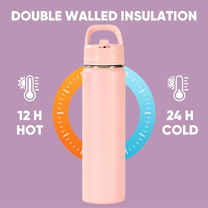 Fijinhom 24oz Insulated Stainless Steel Water Bottle with Straws, Double Wall Vacuum Insulated Bottles, Metal Thermo for Travel, Sports, Leak-Proof, BPA Free, Women & Men, Pink