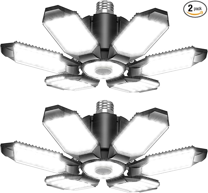 BRAINIAC 150W LED Garage Light Bulb with 6 Adjustable Panels, E26/E27 Screw in Shop Light Ceiling Light for Garage Workshop Barn - 2Pack